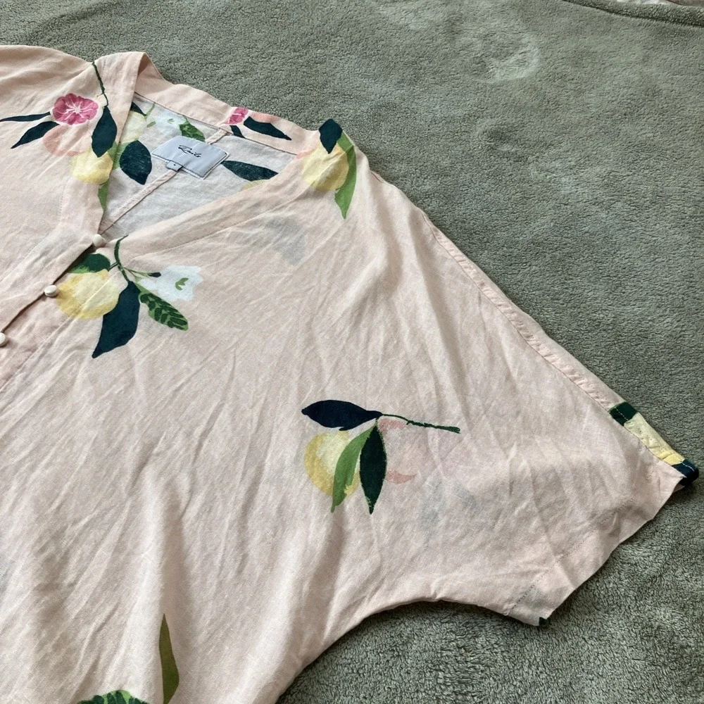 Rails Top Womens Large Pink Floral Lemon Linen Blend Tie Up Beachy Coastal‎